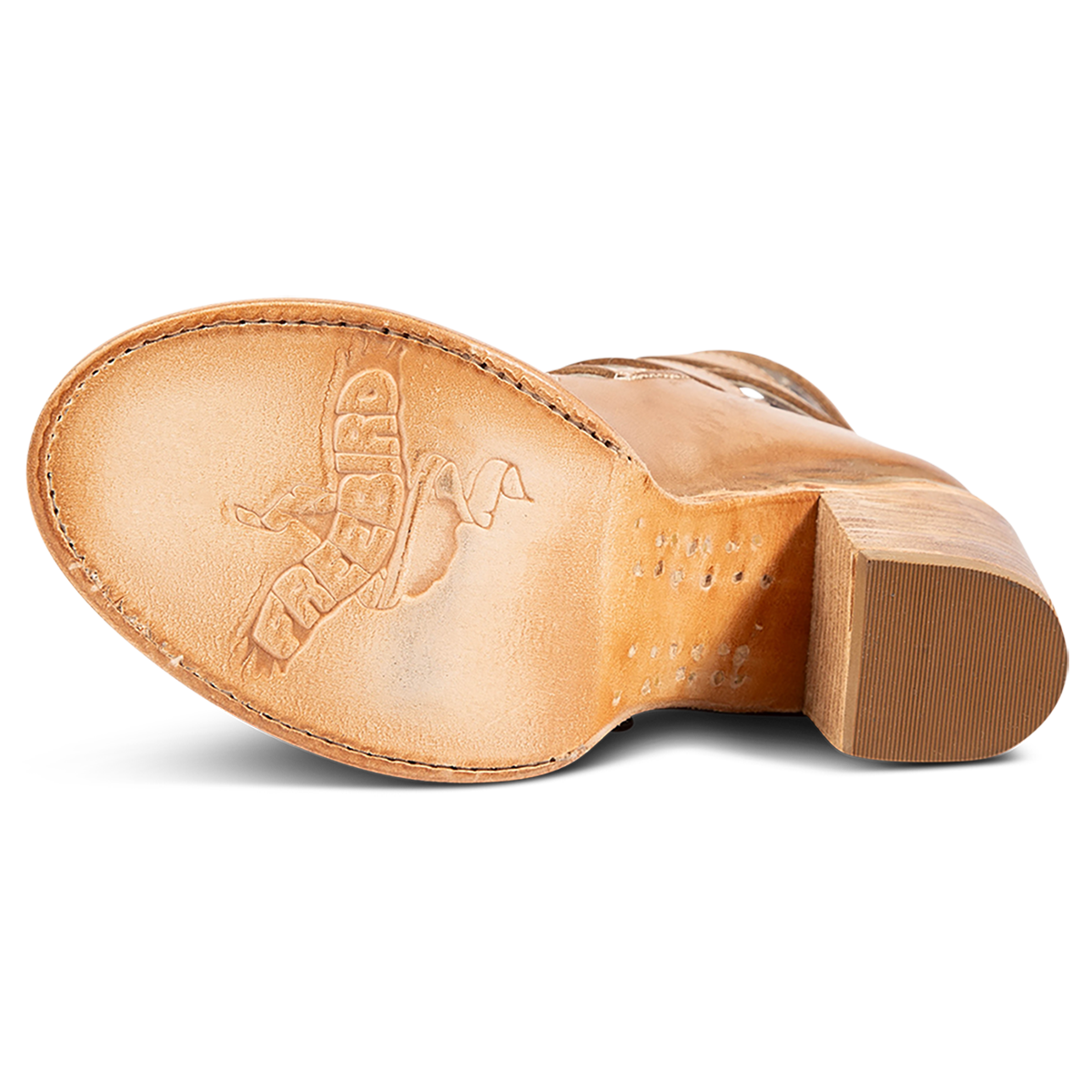 Leather sole imprinted with FREEBIRD on women's Bond natural sandal 