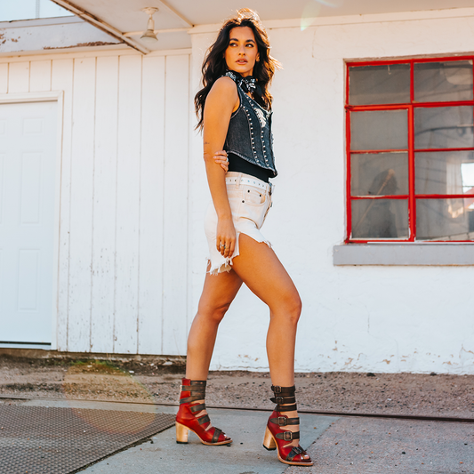 FREEBIRD women's Bond red multi sandal with fashion straps and stacked heel lifestyle
