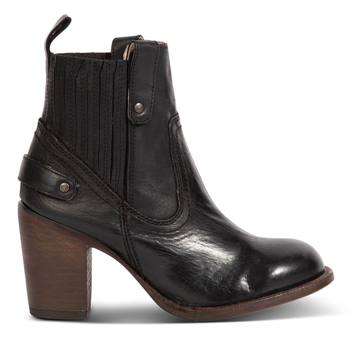 Freebird women's BOWIN black leather bootie with gore flex detailing, high heel and leather pull strap