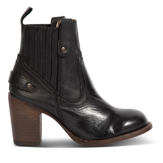 Freebird women's BOWIN black leather bootie with gore flex detailing, high heel and leather pull strap