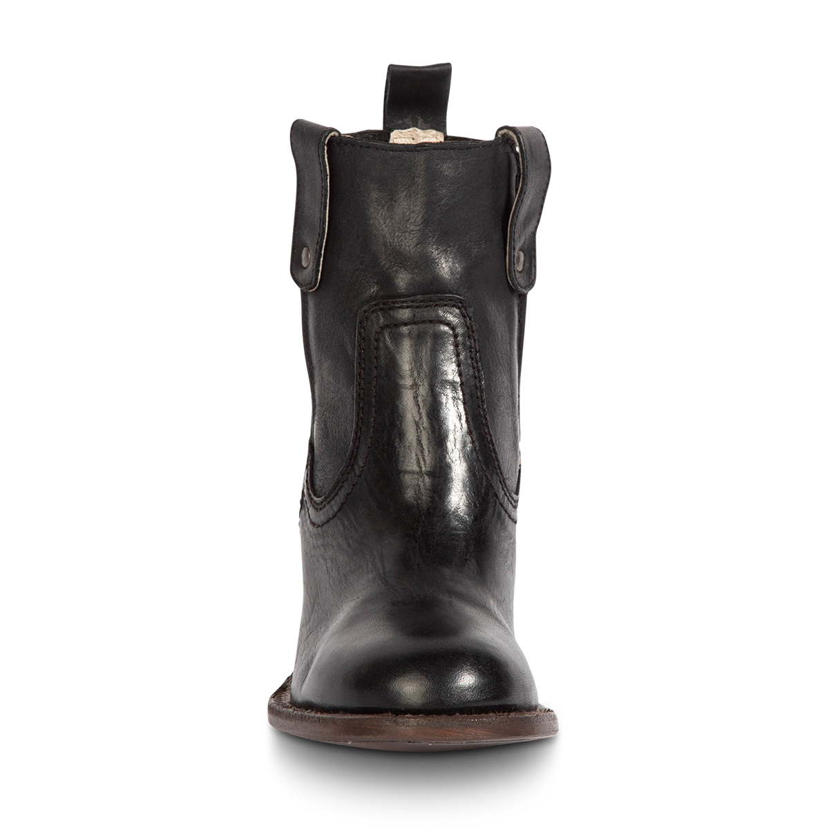 Front view showing Freebird women's BOWIN black leather bootie with ankle length shaft and rear leather pull strap