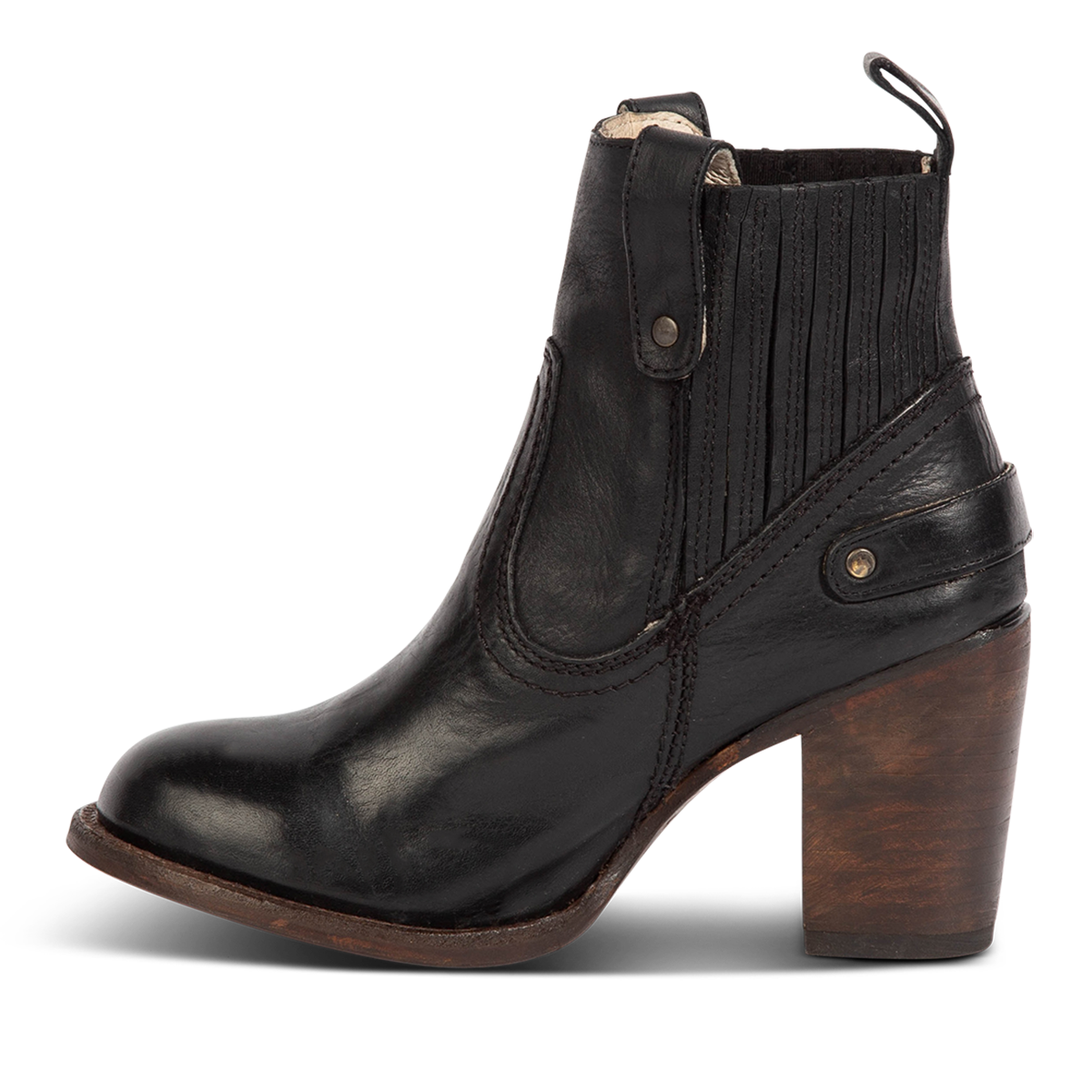 Inside view showing Freebird women's BOWIN black leather bootie with gore flex detailing, high heel and leather pull strap