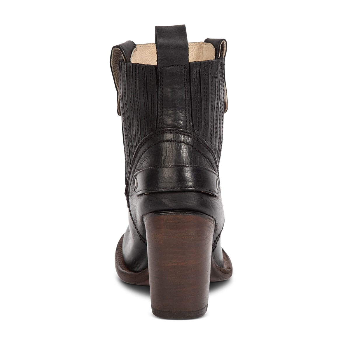 Back view showing Freebird women's BOWIN black leather bootie with gore flex detailing, high heel and leather pull strap