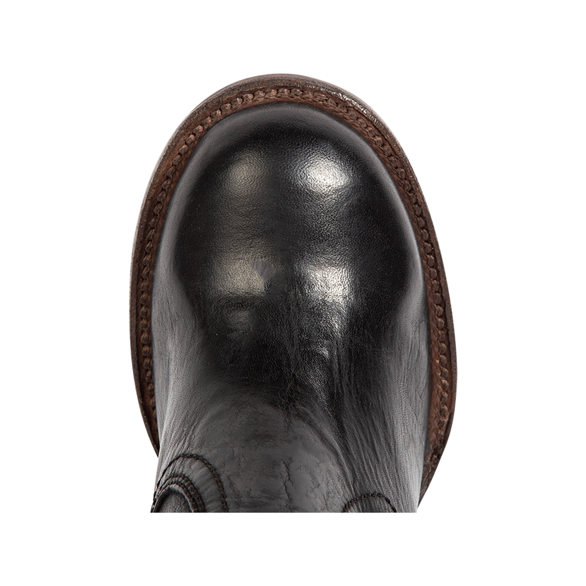 Top view showing a round toe construction on Freebird women's BOWIN black leather bootie