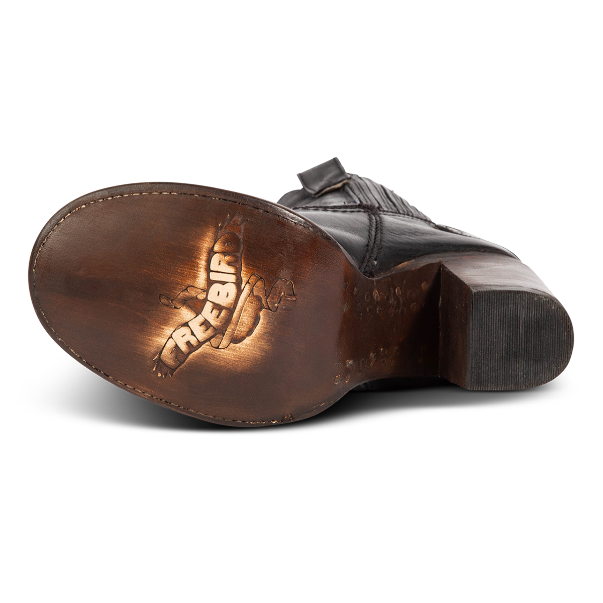 Leather sole imprinted with FREEBIRD on women's BOWIN black leather bootie