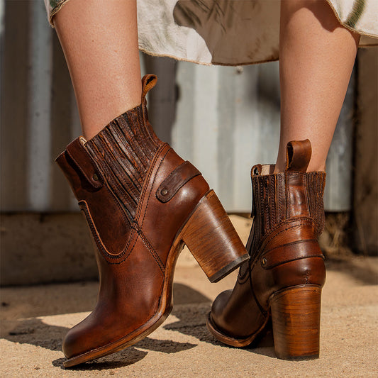 Freebird women's BOWIN cognac leather bootie with gore flex detailing, high heel and leather pull strap