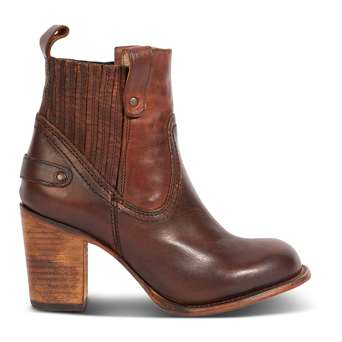 Freebird women's BOWIN cognac leather bootie with gore flex detailing, high heel and leather pull strap