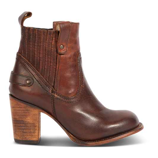 Freebird women's BOWIN cognac leather bootie with gore flex detailing, high heel and leather pull strap