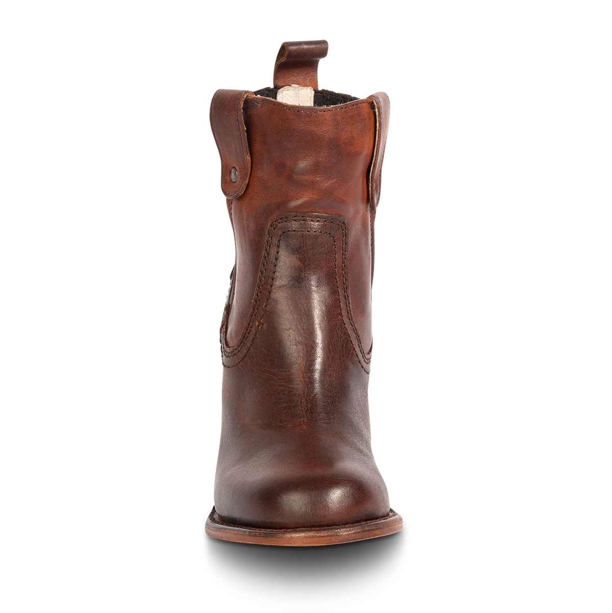 Front view showing Freebird women's BOWIN cognac leather bootie with ankle length shaft and rear leather pull strap