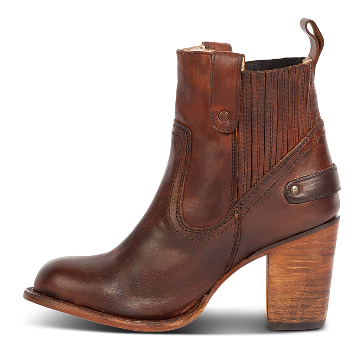Inside view showing Freebird women's BOWIN cognac leather bootie with gore flex detailing, high heel and leather pull strap