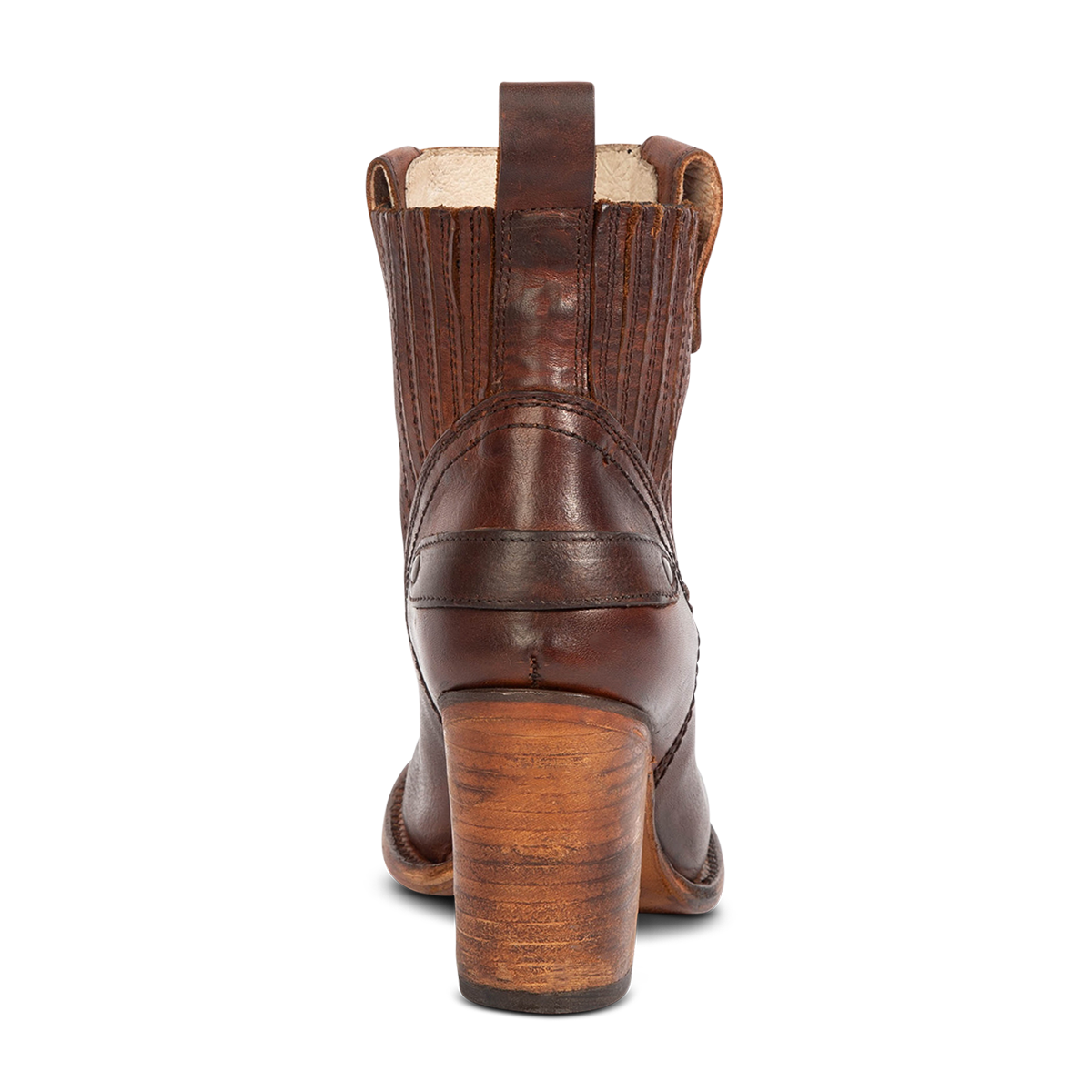 Back view showing Freebird women's BOWIN cognac leather bootie with gore flex detailing, high heel and leather pull strap