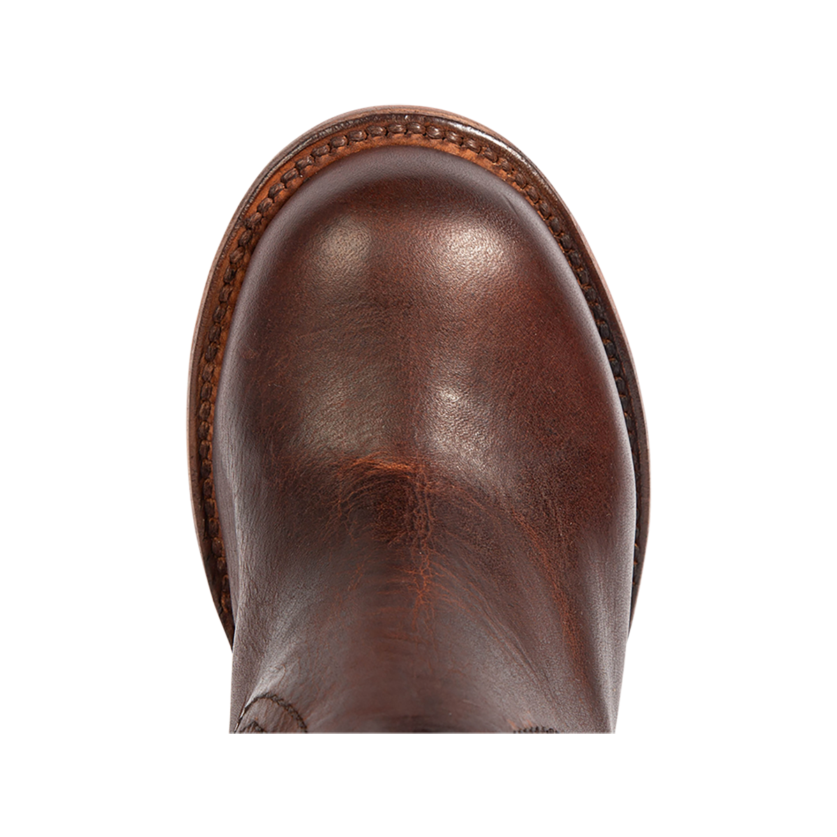 Top view showing a round toe construction on Freebird women's BOWIN cognac leather bootie