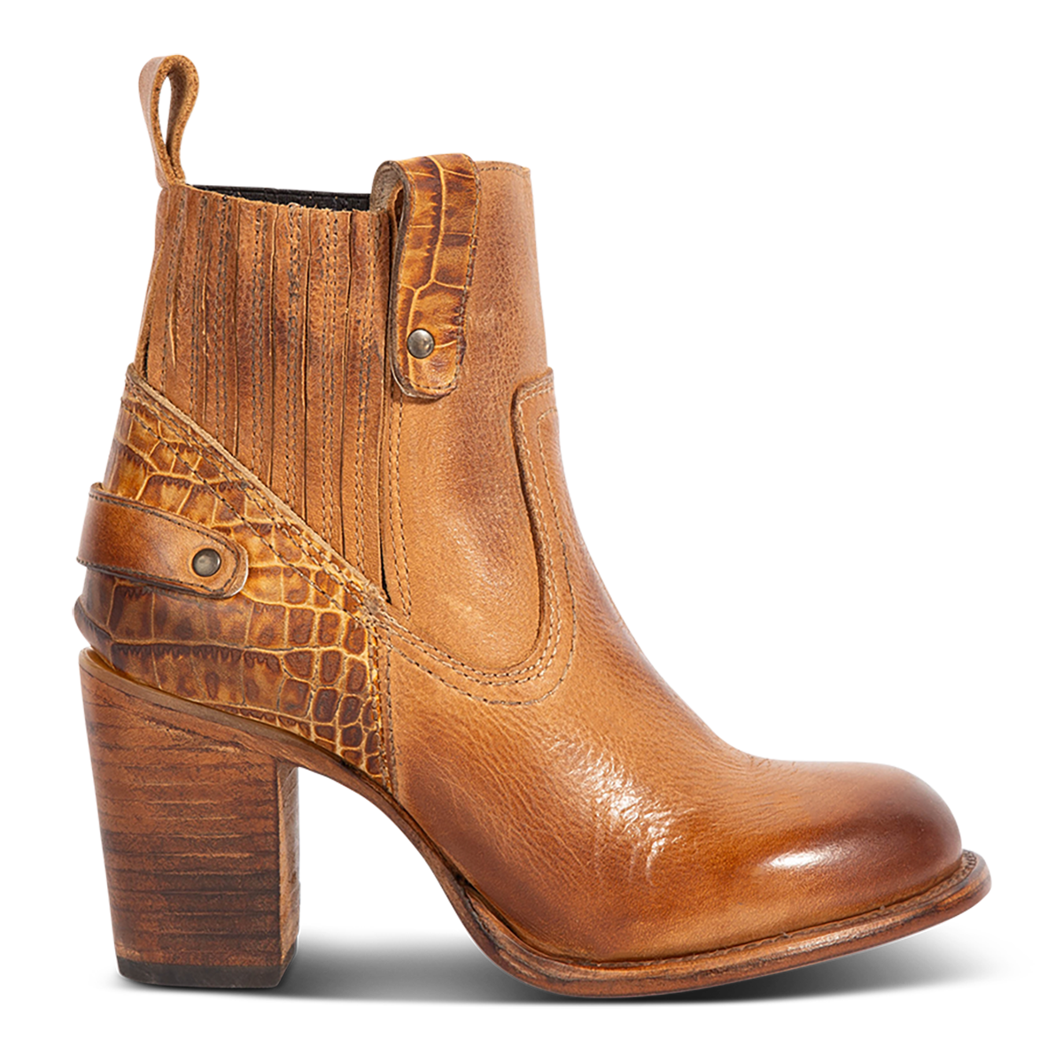Freebird women's BOWIN tan croco embossed leather bootie with gore flex detailing, high heel and leather pull strap