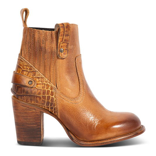 Freebird women's BOWIN tan croco embossed leather bootie with gore flex detailing, high heel and leather pull strap