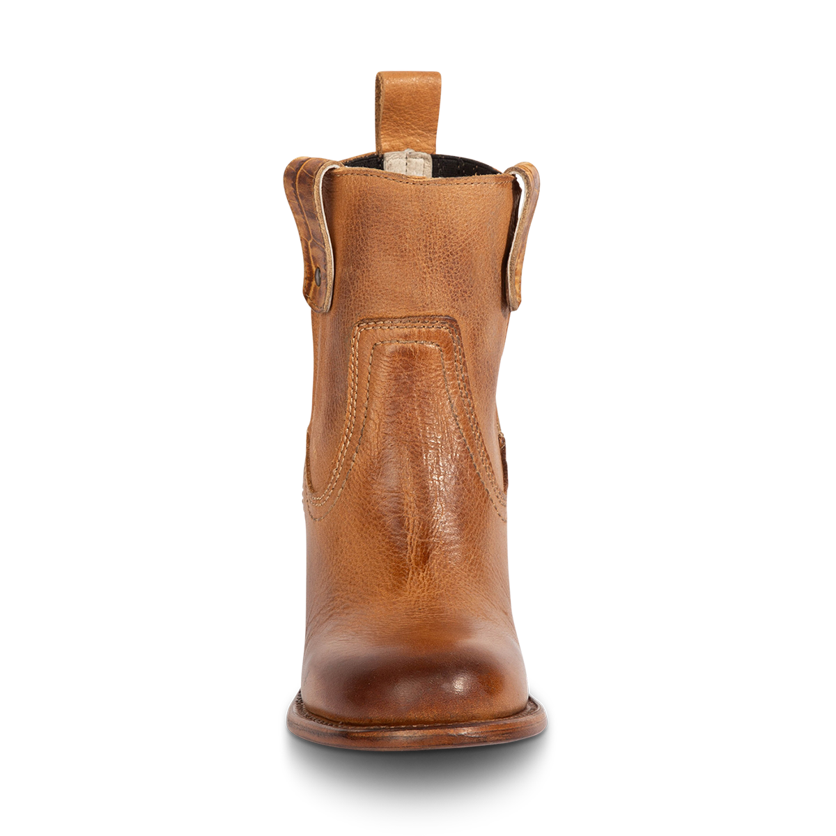 Front view showing Freebird women's BOWIN tan croco embossed leather bootie with ankle length shaft and rear leather pull strap