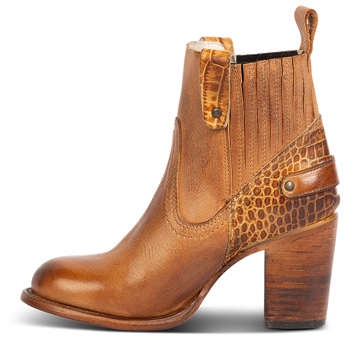 Inside view showing Freebird women's BOWIN tan croco embossed leather bootie with gore flex detailing, high heel and leather pull strap