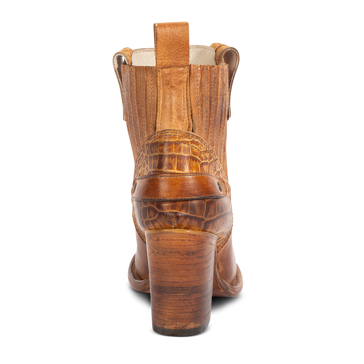 Back view showing Freebird women's BOWIN tan croco embossed leather bootie with gore flex detailing, high heel and leather pull strap