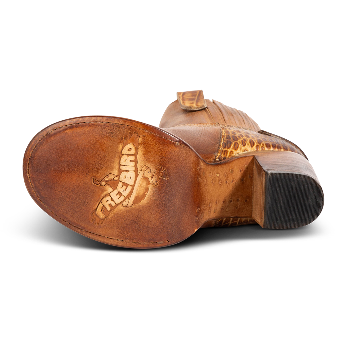 Leather sole imprinted with FREEBIRD on women's BOWIN tan croco multi leather bootie