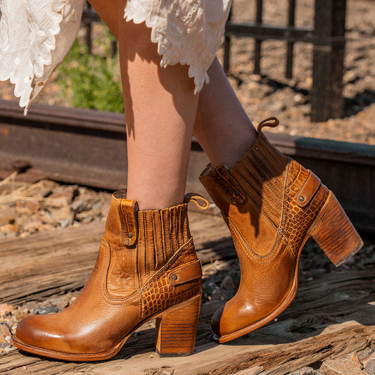 Freebird women's BOWIN tan croco embossed leather bootie with gore flex detailing, high heel and leather pull strap