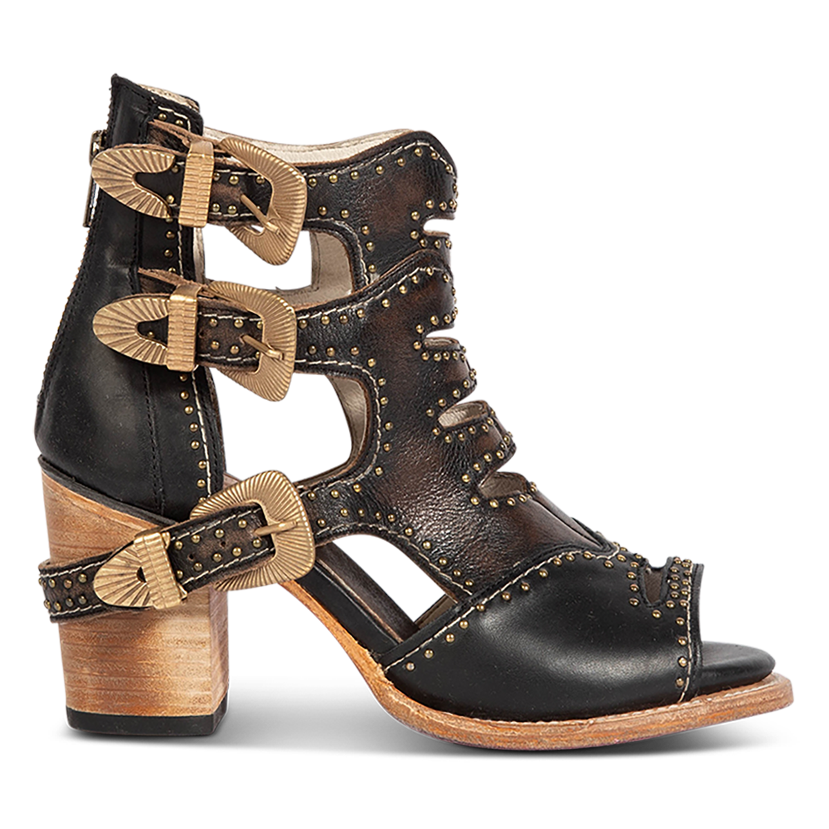 FREEBIRD women's Bradshaw black leather sandal with adjustable gold buckle hardware, stud embellishments and cut out detailing. Finished on a lifted high heel. 