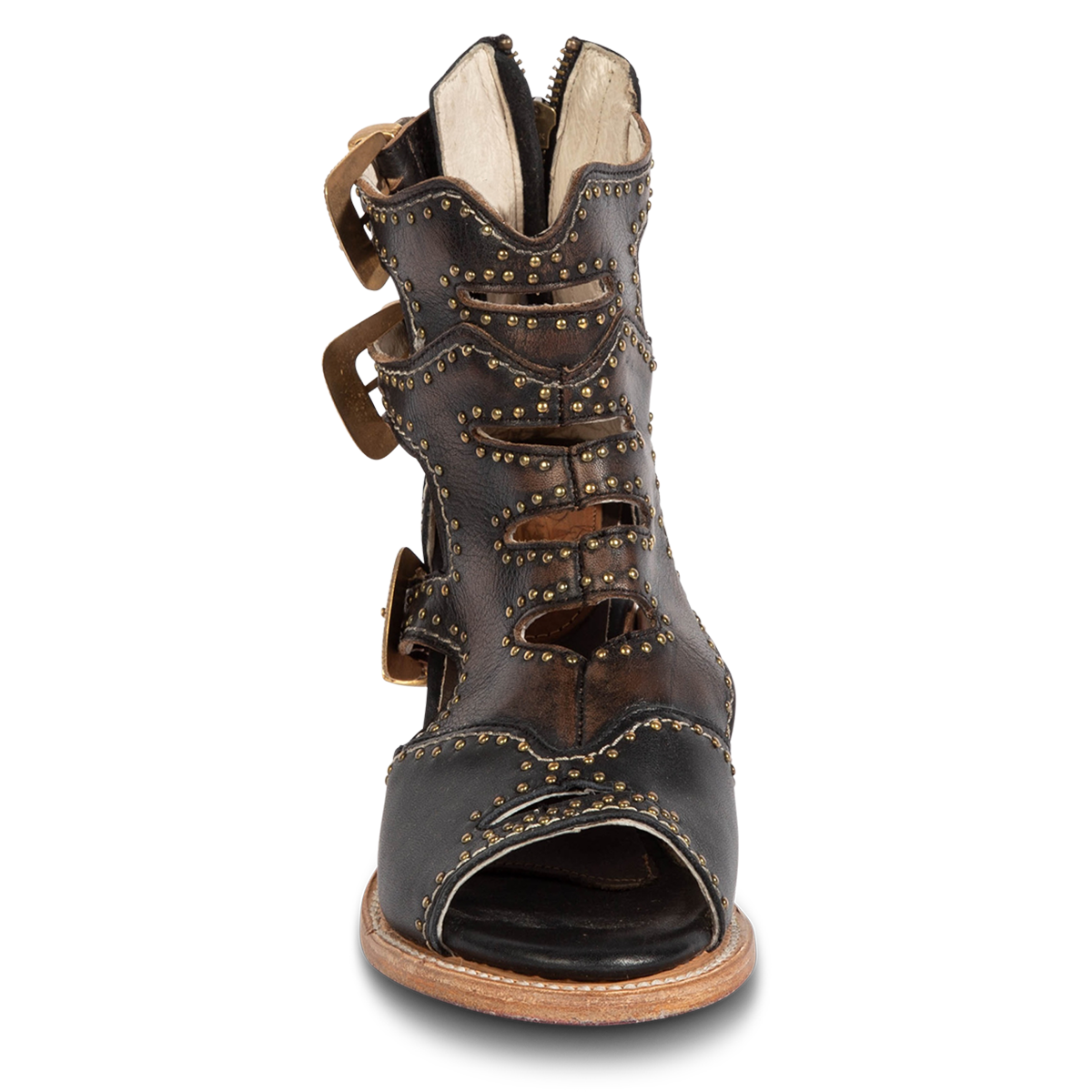Front view showing FREEBIRD women's Bradshaw black leather sandal with stud embellishments and cut out detailing. Finished with a peep-toe silhouette
