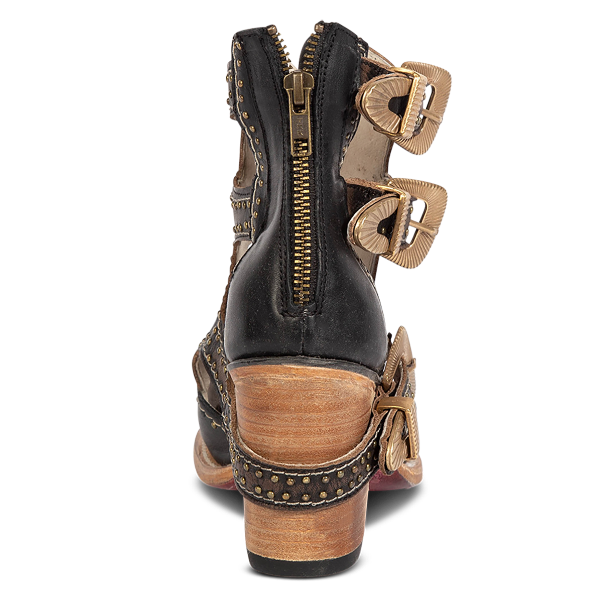 Back view showing FREEBIRD women's Bradshaw black leather sandal with a working brass zipper, stud embellishments and cut out detailing. Finished on a lifted high heel. 