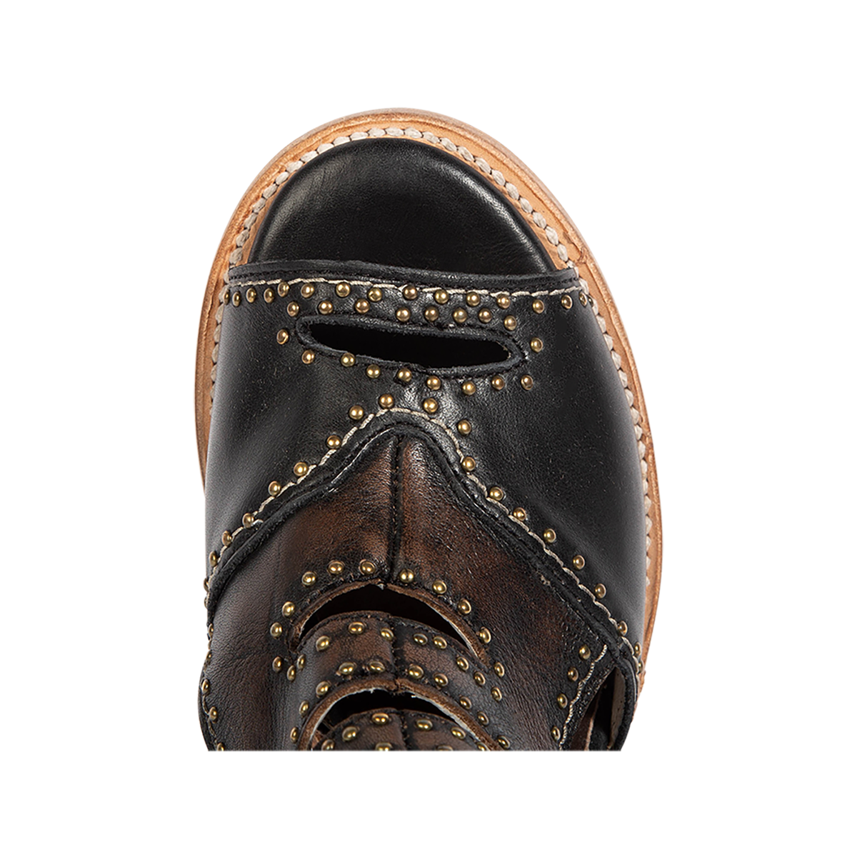 Top view showing a peep-toe silhouette on FREEBIRD women's Bradshaw black leather sandal 