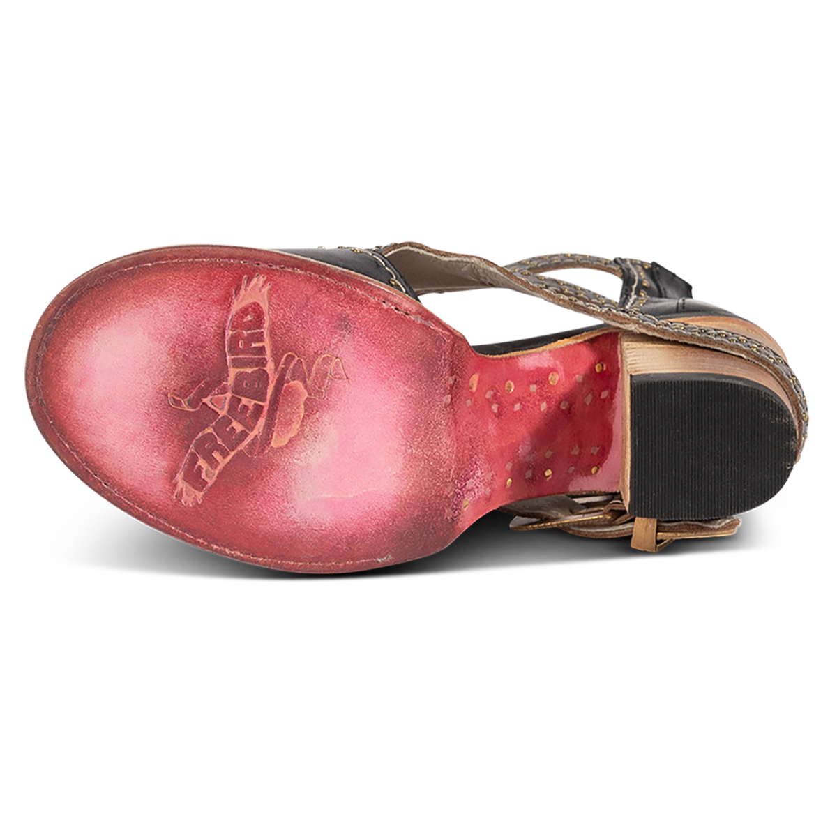 Leather sole imprinted with FREEBIRD on women's Bradshaw black leather sandal