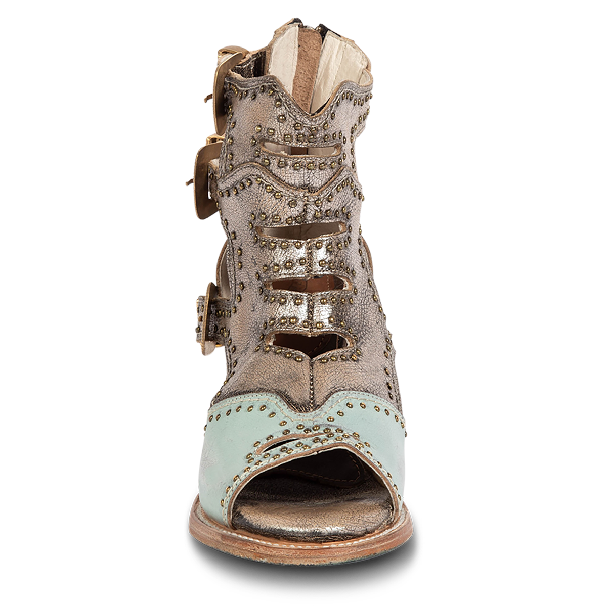 Front view showing FREEBIRD women's Bradshaw blue/silver two-toned leather sandal with stud embellishments and cut out detailing. Finished with a peep-toe silhouette