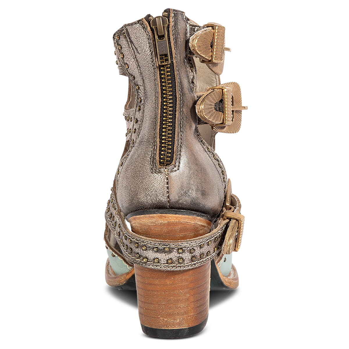 Back view showing FREEBIRD women's Bradshaw blue/silver two-toned leather sandal with a working brass zipper, stud embellishments and cut out detailing. Finished on a lifted high heel. 
