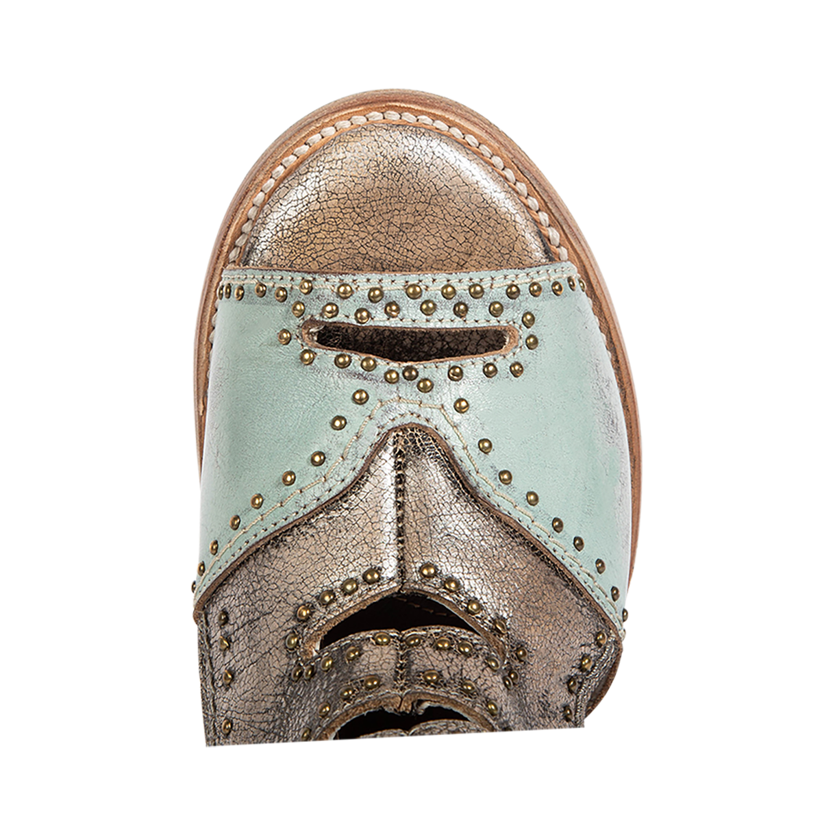 Top view showing a peep-toe silhouette on FREEBIRD women's Bradshaw blue/silver two-toned leather sandal 