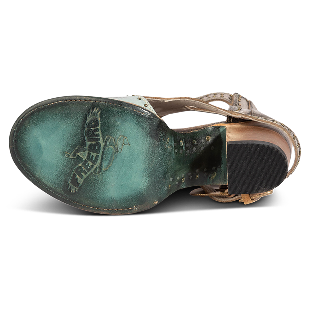 Leather sole imprinted with FREEBIRD on women's Bradshaw blue/silver two-toned leather sandal