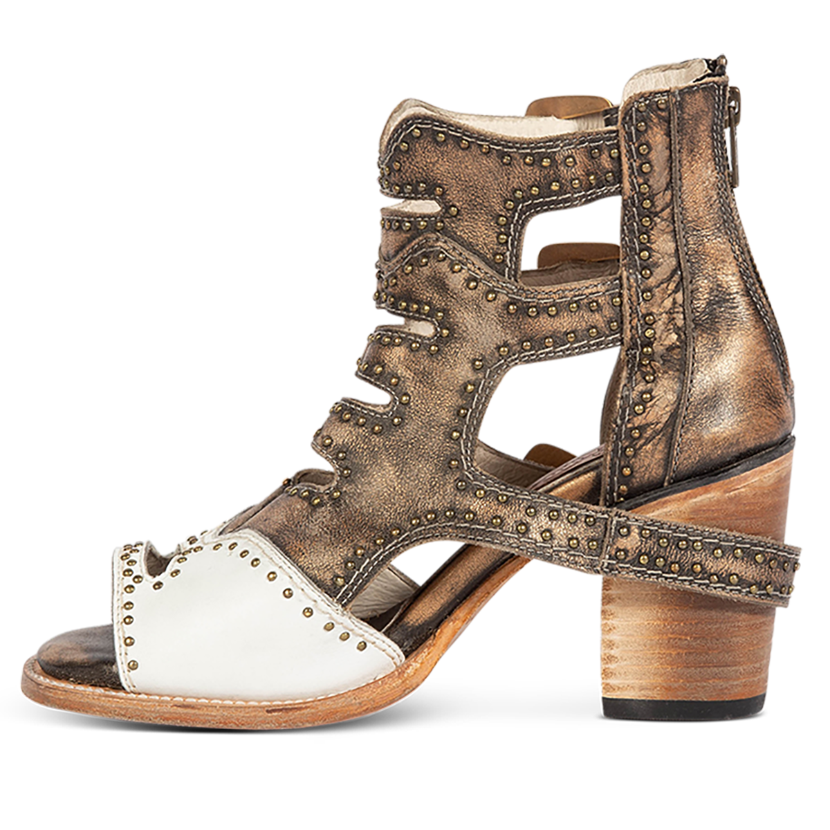 Inside view showing FREEBIRD women's Bradshaw white/gold two-toned leather sandal with a working brass zipper, stud embellishments and cut out detailing. Finished on a lifted high heel. 