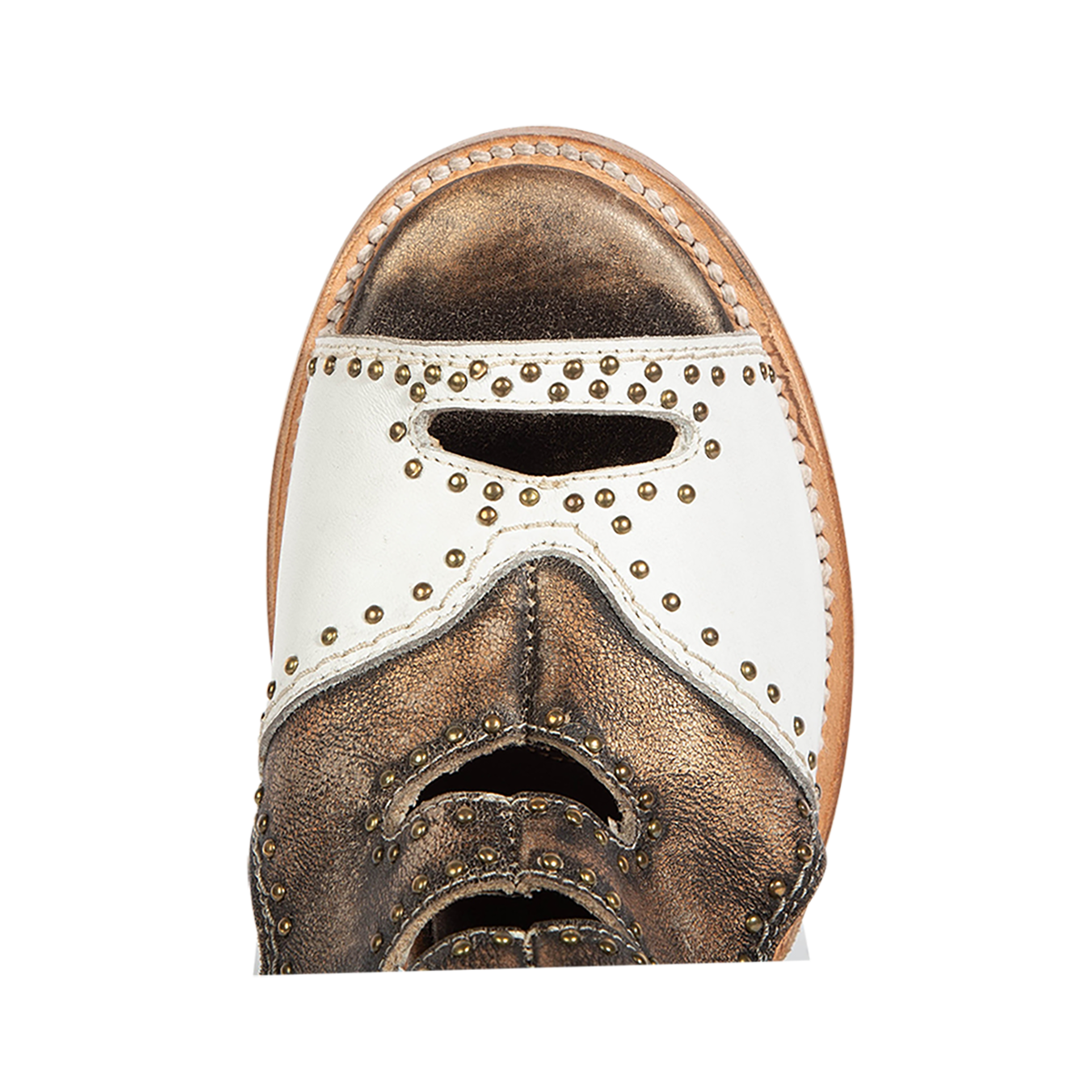 Top view showing a peep-toe silhouette on FREEBIRD women's Bradshaw white/gold two-toned leather sandal 