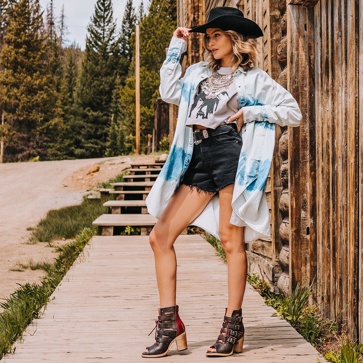 FREEBIRD women's Braeden black multi sandal with adjustable straps and leather lacing detailing lifestyle image