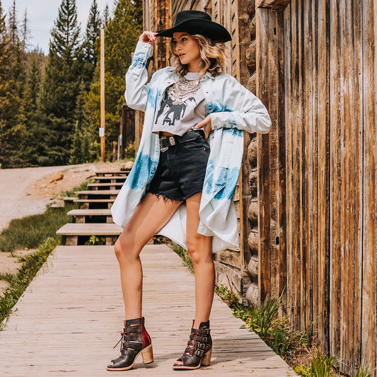 FREEBIRD women's Braeden black multi sandal with adjustable straps and leather lacing detailing lifestyle image