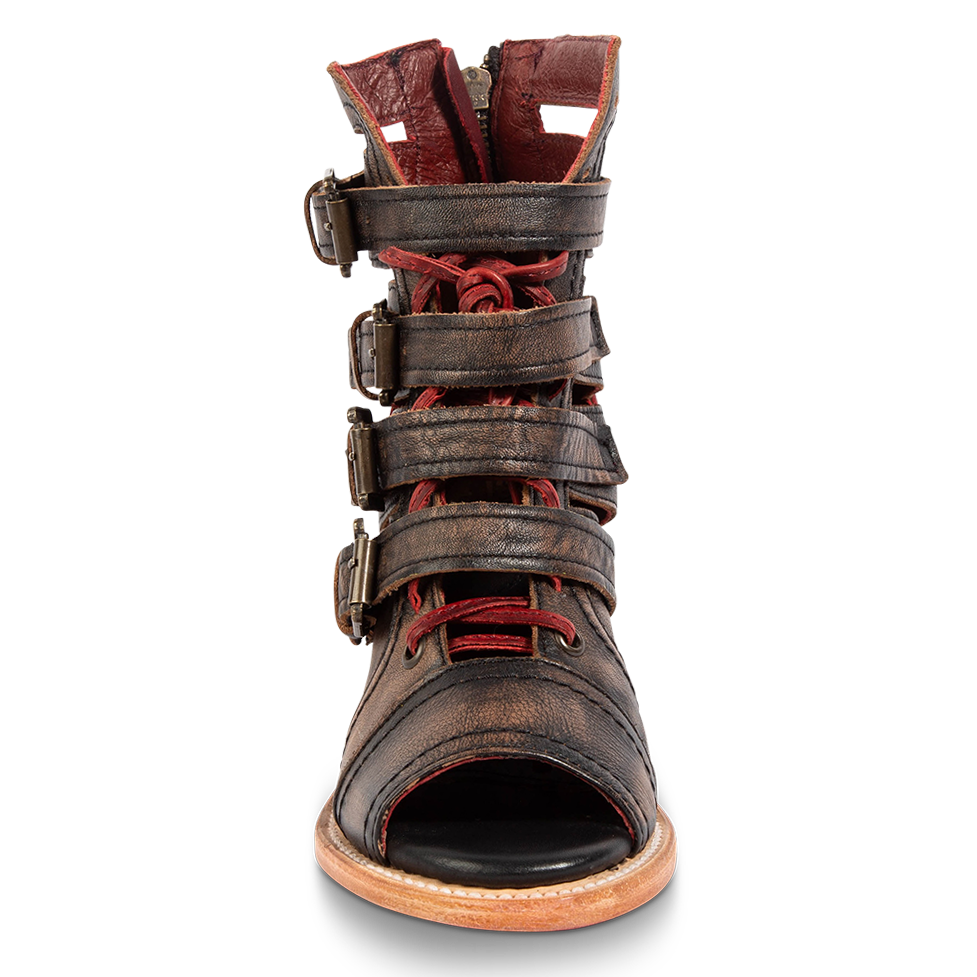 Front view showing adjustable straps and leather lacing detailing  FREEBIRD women's Braeden black multi sandal