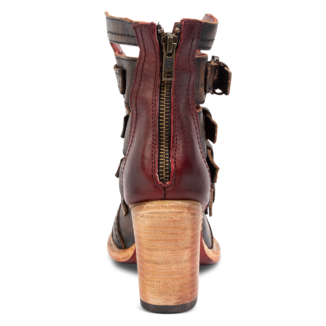 Back view showing working brass zip closure FREEBIRD women's Braeden black multi sandal