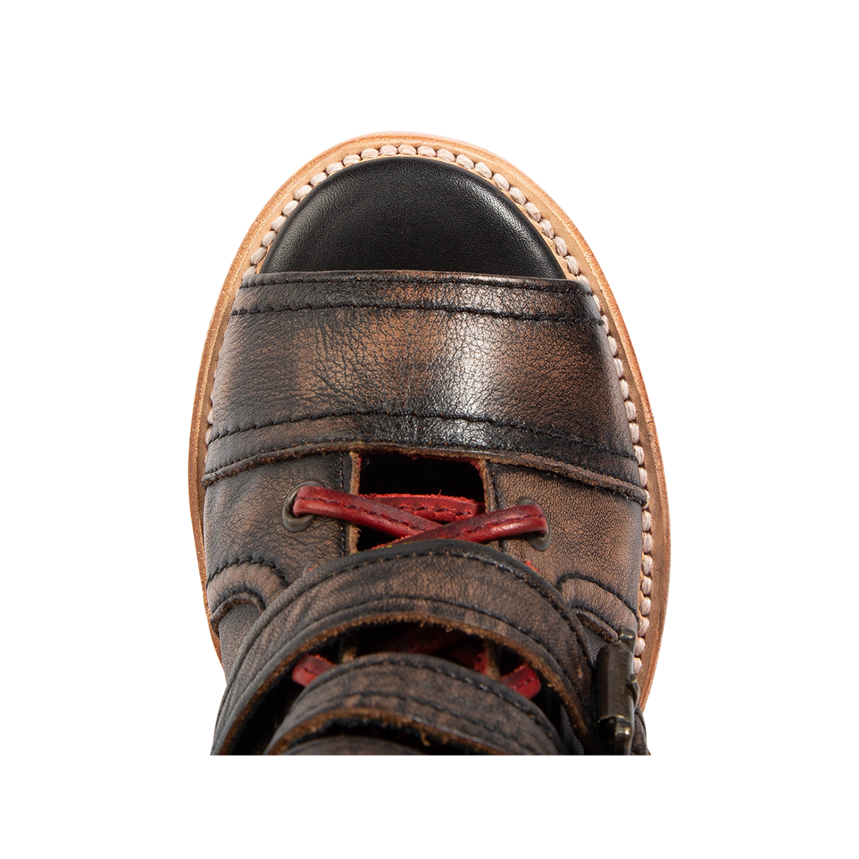 Top view showing peep toe with leather lace detailing and buckle strap FREEBIRD women's Braeden black multi sandal 
