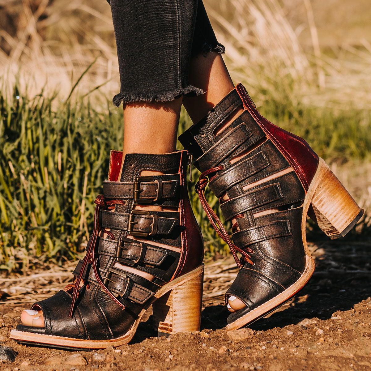 FREEBIRD women's Braeden black multi sandal with adjustable straps and leather lacing detailing