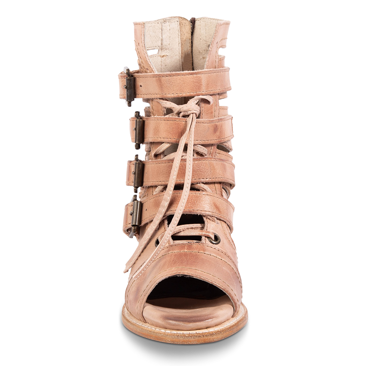 Front view showing adjustable straps and leather lacing detailing  FREEBIRD women's Braeden blush sandal
