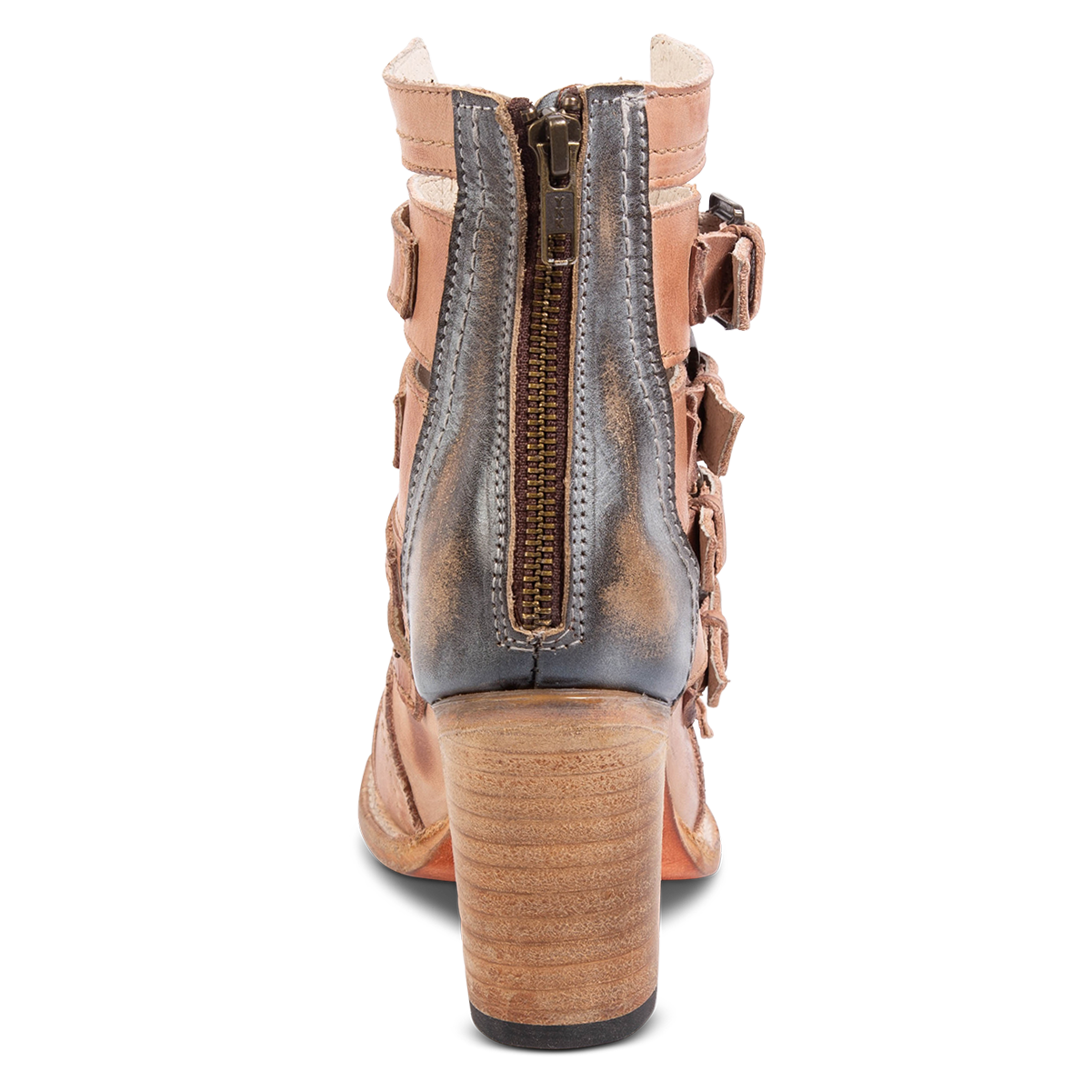 Back view showing working brass zip closure FREEBIRD women's Braeden blush sandal