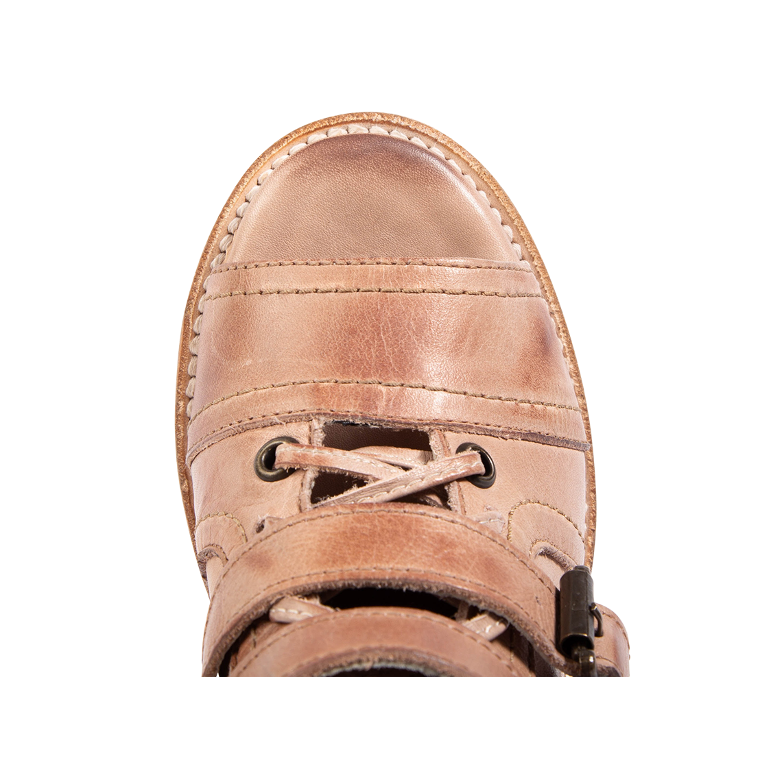 Top view showing peep toe with leather lace detailing and buckle strap FREEBIRD women's Braeden brush sandal 