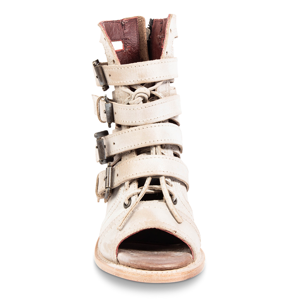 Front view showing adjustable straps and leather lacing detailing  FREEBIRD women's Braeden ice sandal