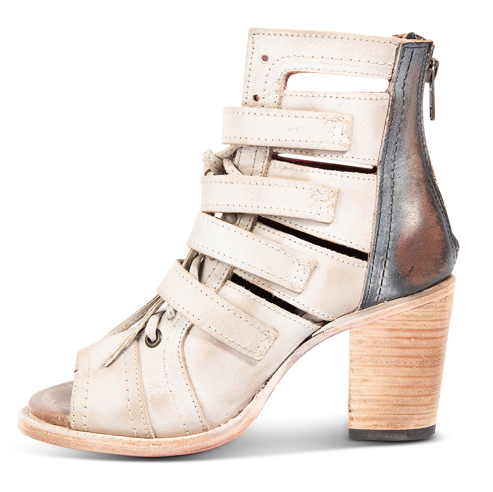 Inside view leather strap detailing FREEBIRD women's Braeden ice sandal 