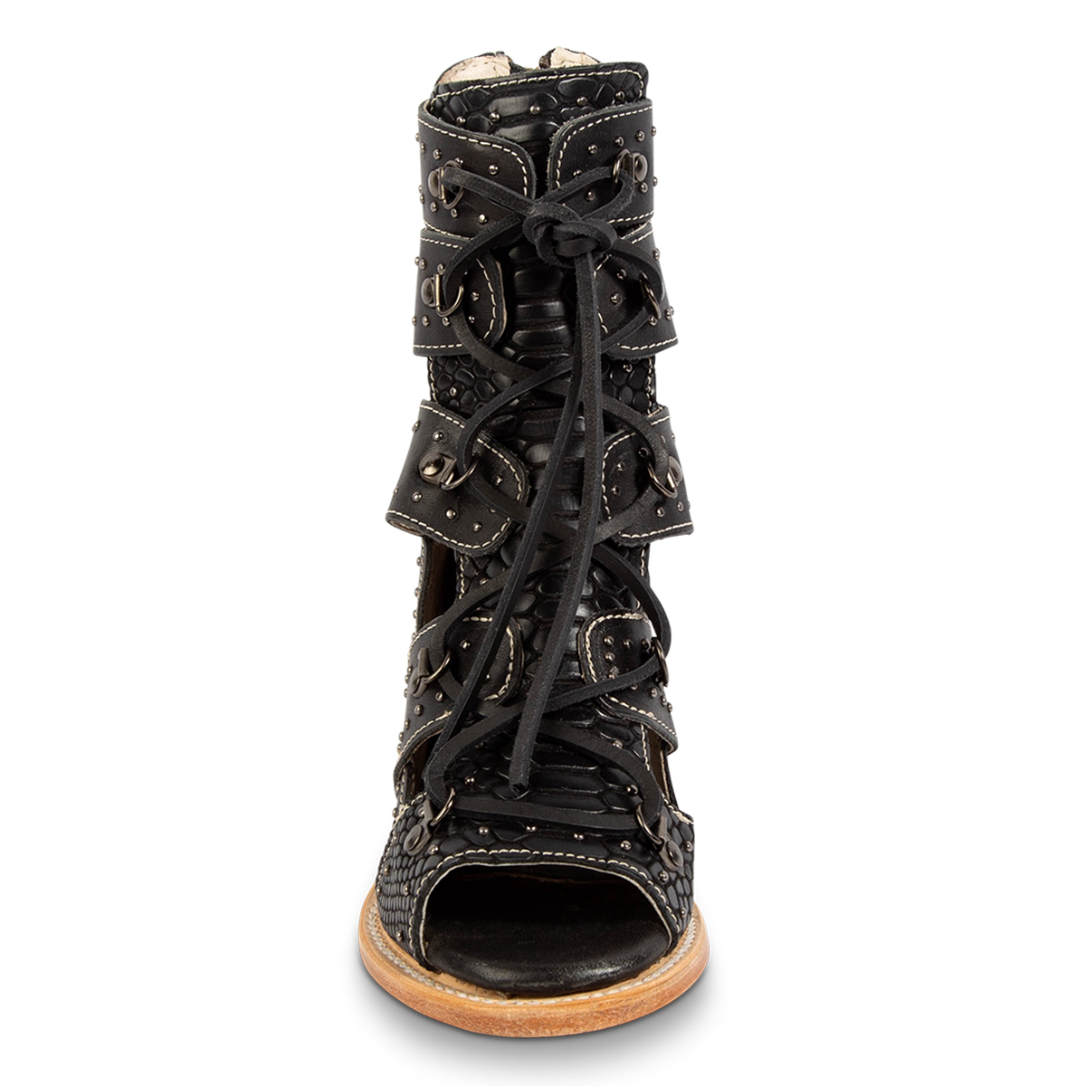Front view showing leather criss cross lacing, an open toe construction and stud embellishments on FREEBIRD women's Brandy black snake embossed leather sandal