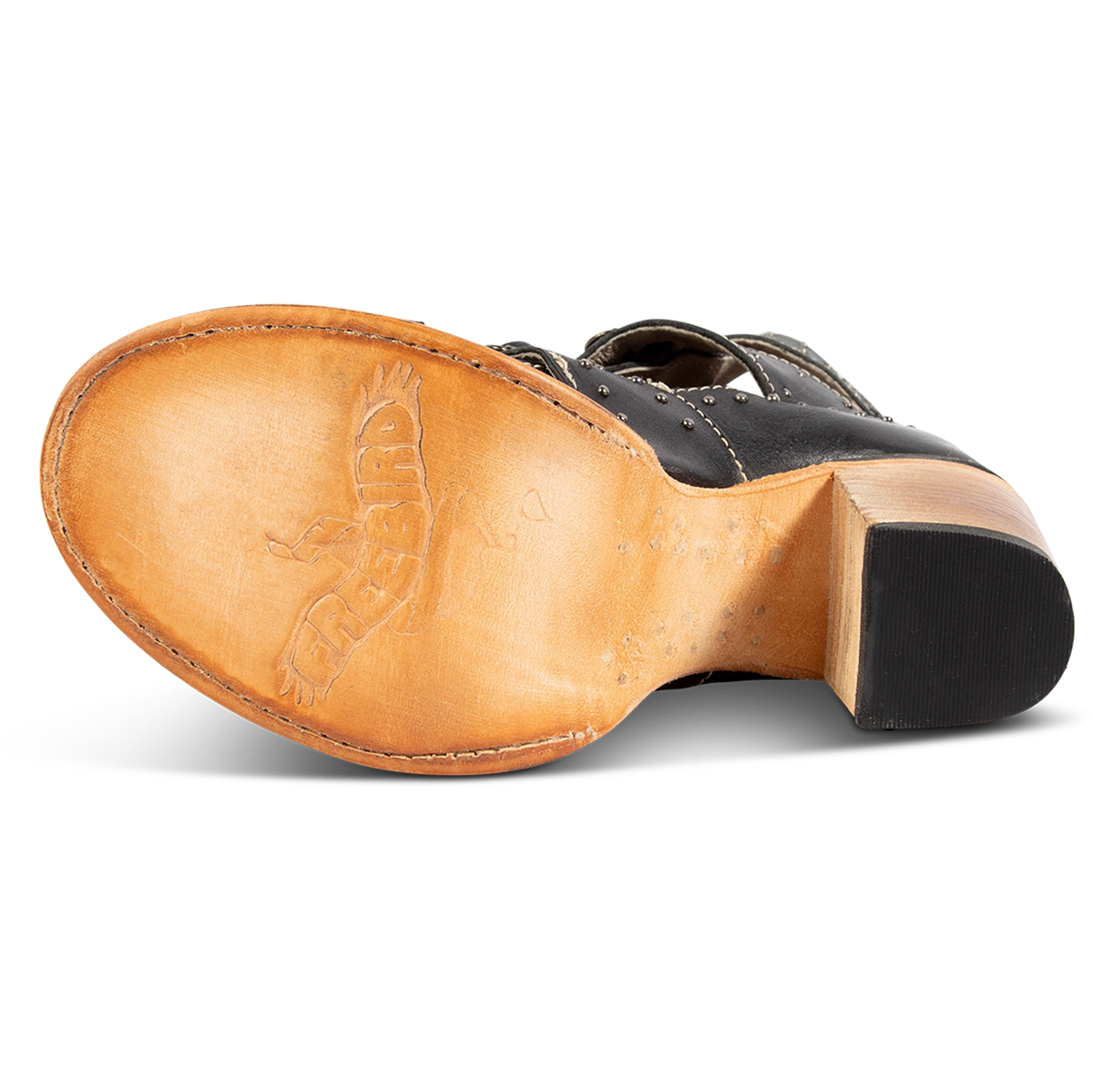 Leather sole imprinted with FREEBIRD on women's Brandy white black embossed leather sandal