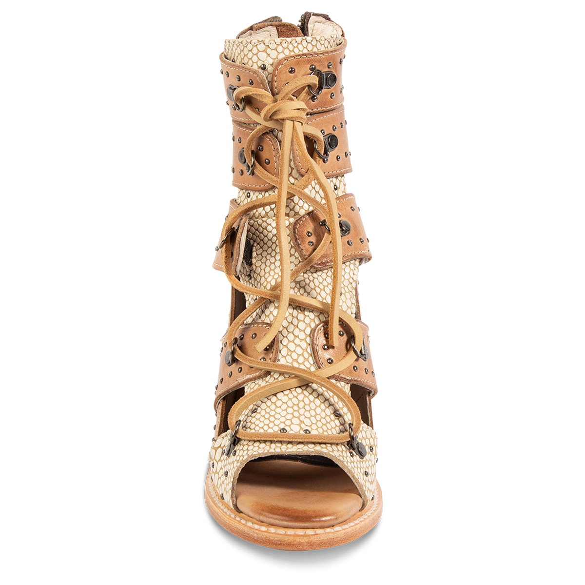 Front view showing leather criss cross lacing, an open toe construction and stud embellishments on FREEBIRD women's Brandy white snake embossed leather sandal 
