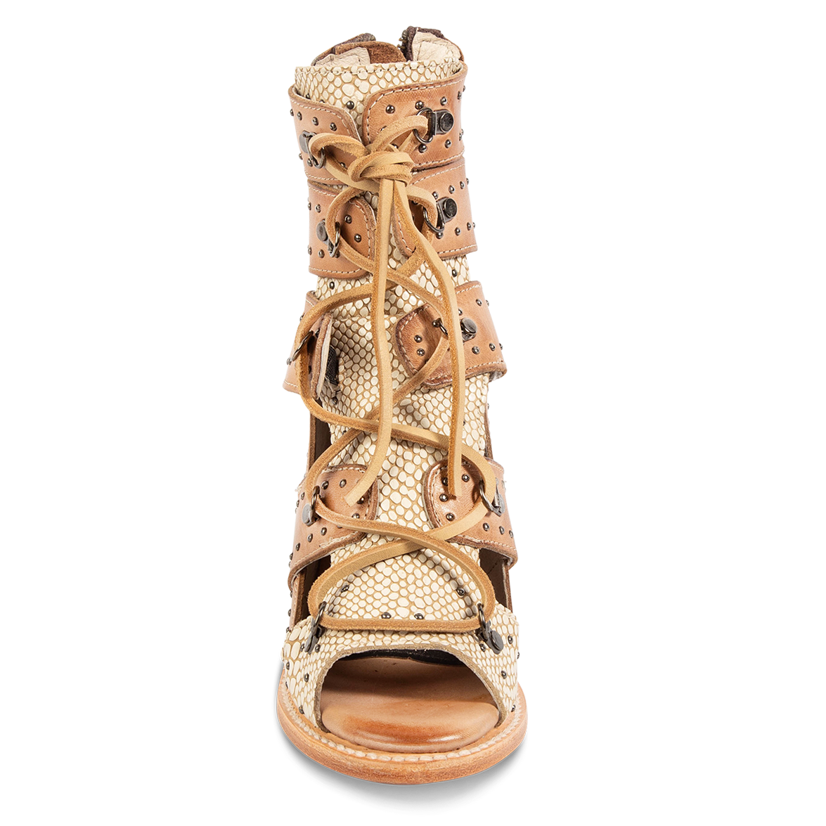 Front view showing leather criss cross lacing, an open toe construction and stud embellishments on FREEBIRD women's Brandy white snake embossed leather sandal