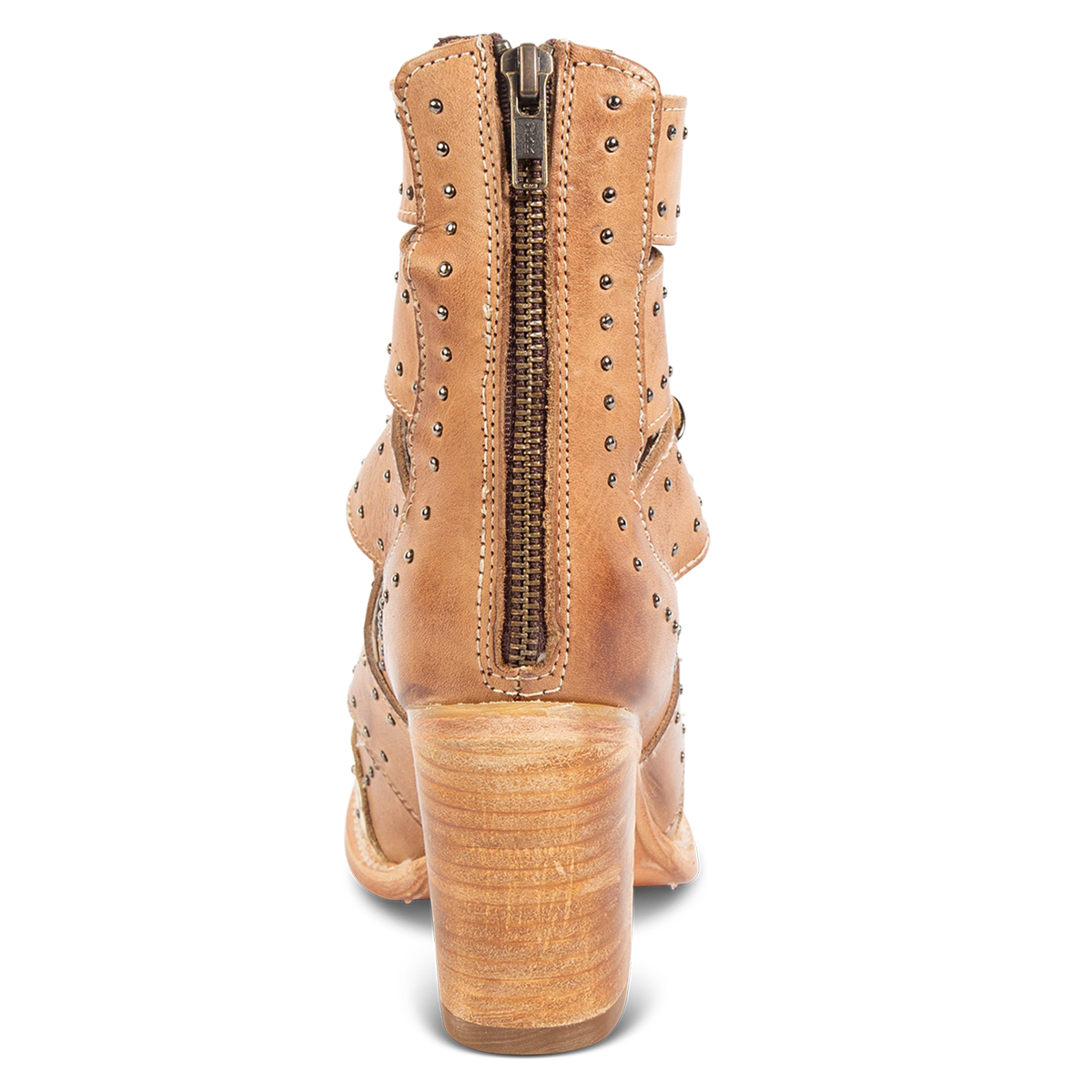 Back view showing a stacked heel and working brass zipper on FREEBIRD women's Brandy white snake embossed leather sandal 